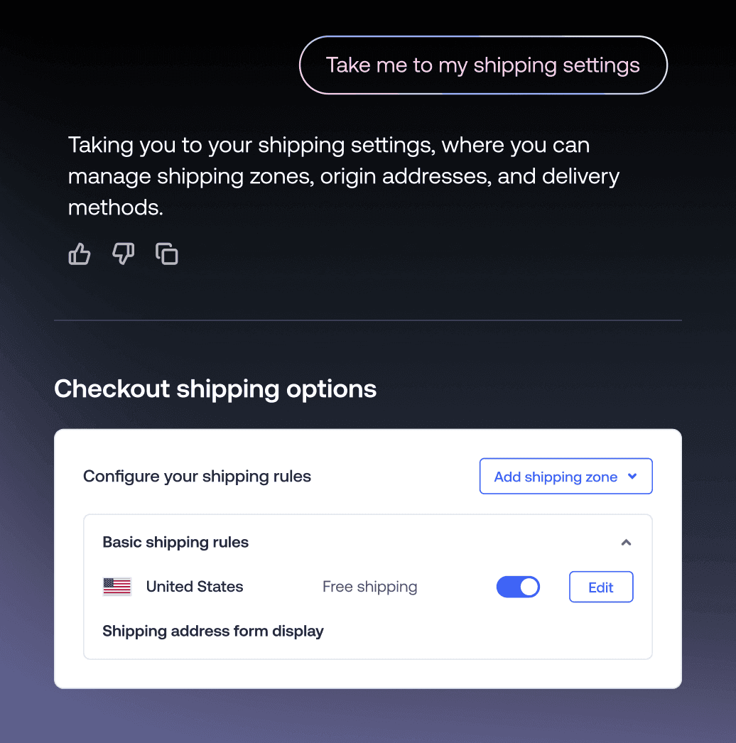 Checkout shipping options panel with basic shipping rules and a toggle for free shipping in the US