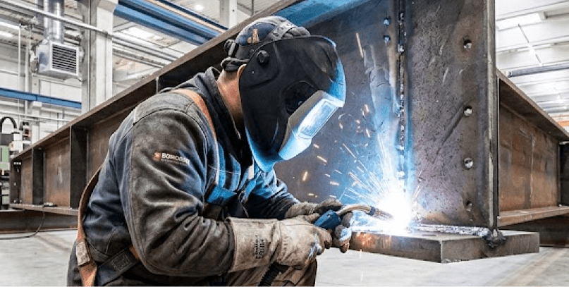 industrial welder in protective gear and mask welding a heavy steel beam in a factory