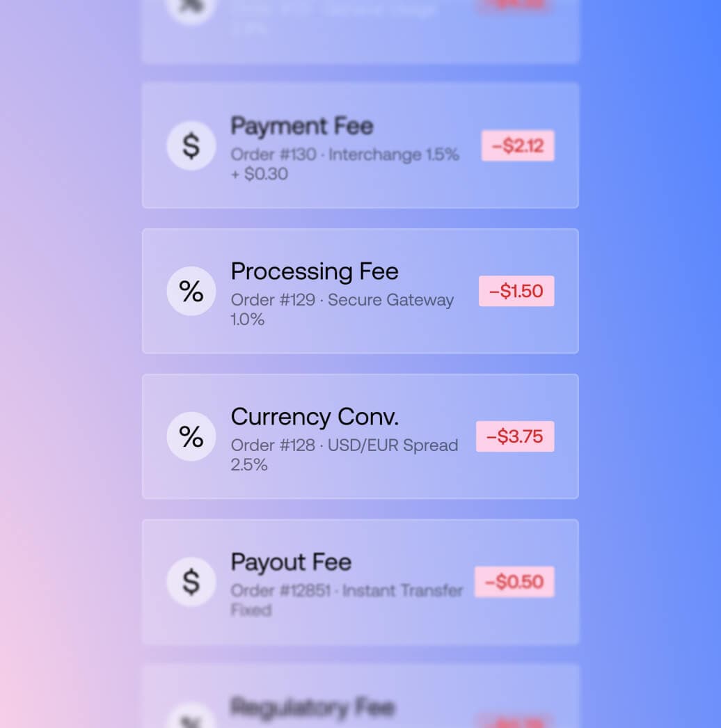 Financial dashboard feed displaying line-item deductions for payment, processing, and currency conversion fees.
