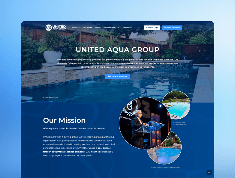 United Aqua Group e-commerce homepage featuring commercial pool and spa services.