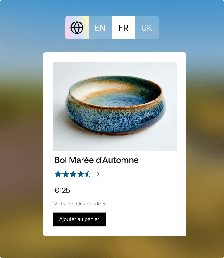 Ceramic bowl product card displaying price in Euros with French language selector popup.