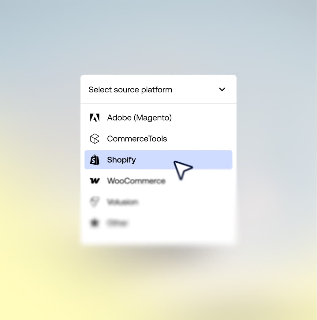 Dropdown menu for selecting source platform during data migration with Shopify highlighted