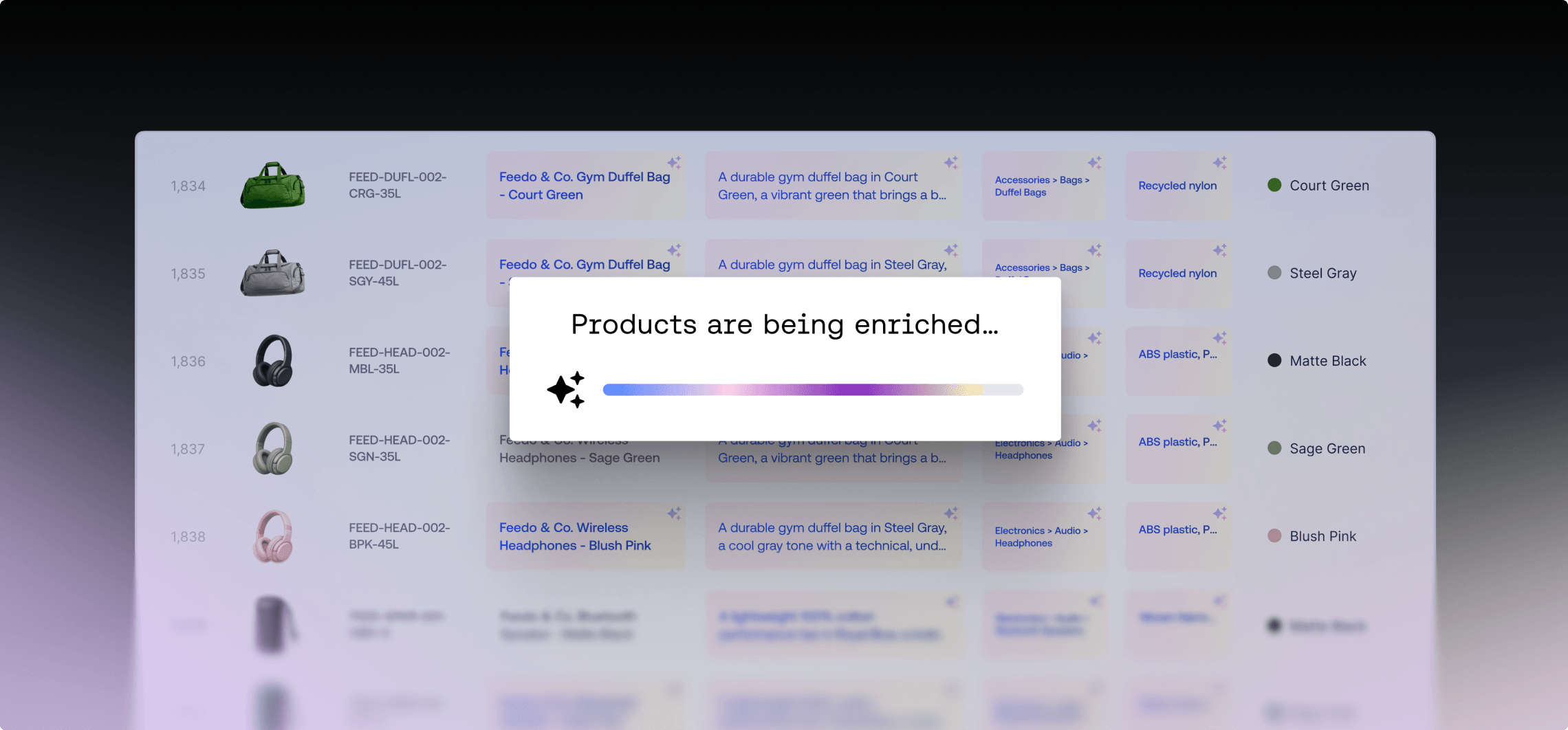E-commerce catalog management dashboard displaying a "Products are being enriched" loading bar.