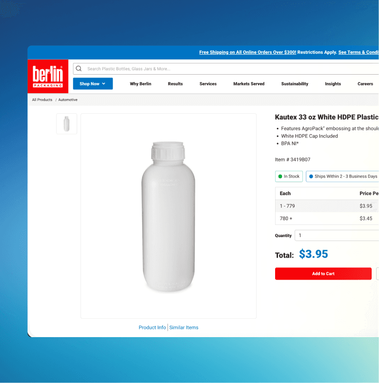 Berlin Packaging product detail page displaying a 33 oz white HDPE plastic bottle.