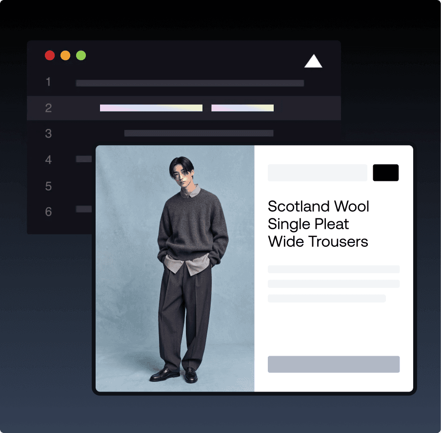 E-commerce apparel web UI displaying Scotland Wool Wide Trousers product card with background code elements