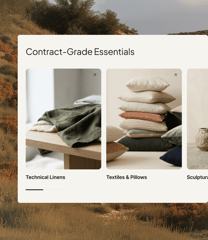Contract-Grade Essentials category layout showing Technical Linens and Textiles and Pillows cards.