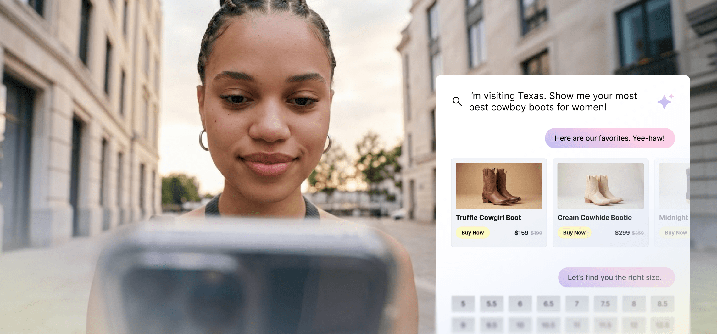 Woman holding smartphone displaying AI shopping assistant recommendations for women's cowboy boots.