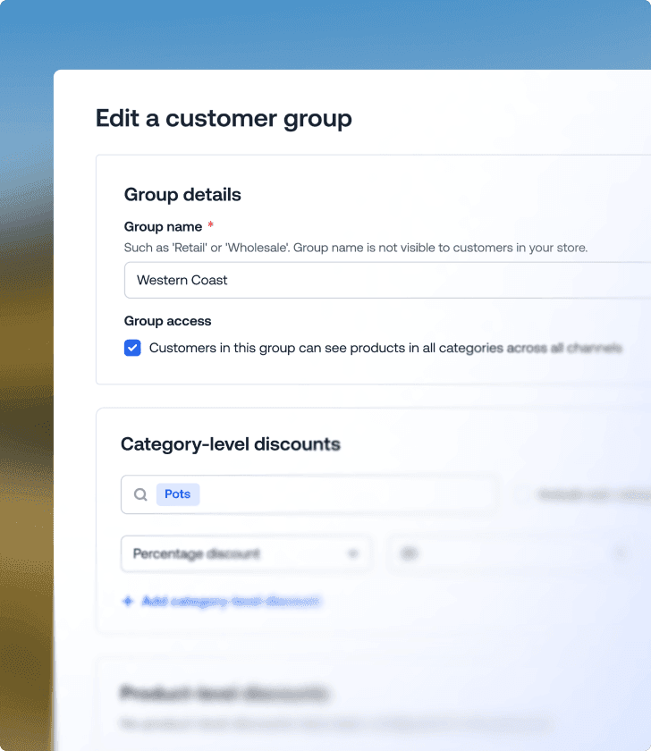 Edit a customer group settings form showing group name input and category-level discount rules.
