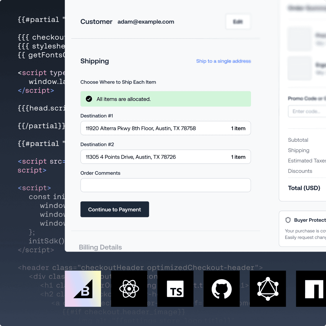BigCommerce checkout flow showing multi-address shipping details, code overlay, and tech ecosystem logos