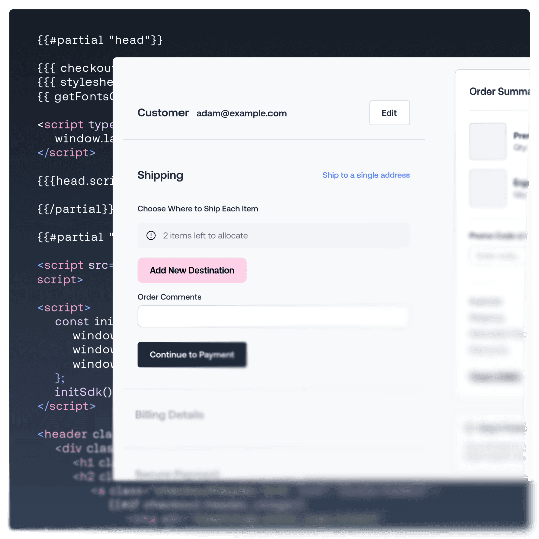 E-commerce checkout interface modal displayed over underlying code.