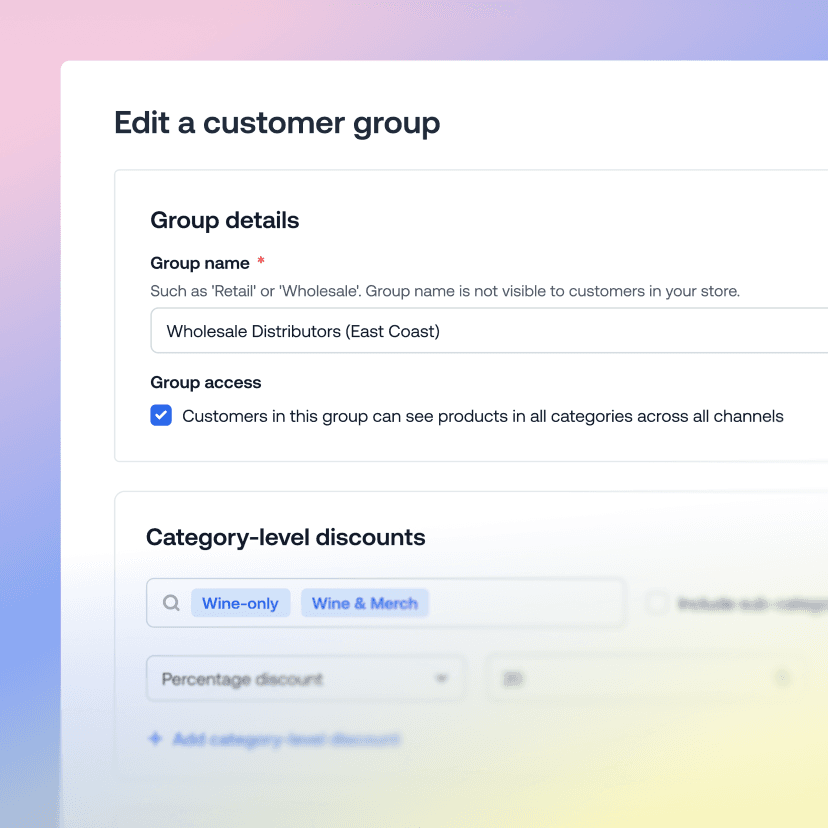 Customer group management UI showing wholesale distributor settings and category discount rules.