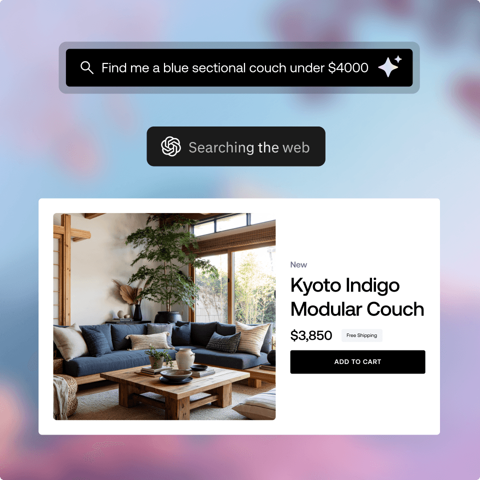 E-commerce AI search interface displaying Kyoto Indigo Modular Couch product card under $4000 with Add to Cart button