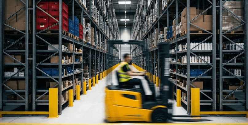 Yellow forklift driving through a large warehouse aisle lined with high storage racks.