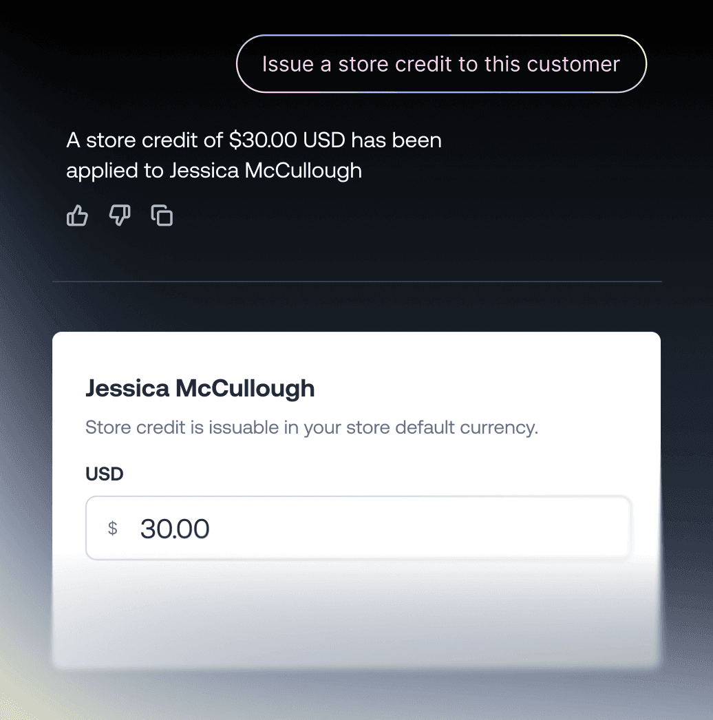 Store credit interface showing a $30.00 USD credit applied to a customer account.